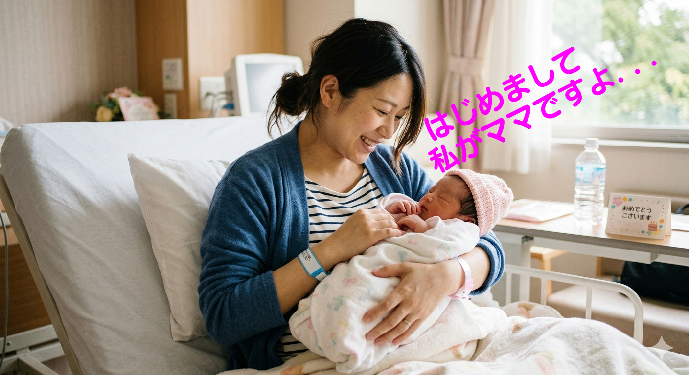 生まれたばかりの赤ちゃんを抱く幸せいっぱいのママ